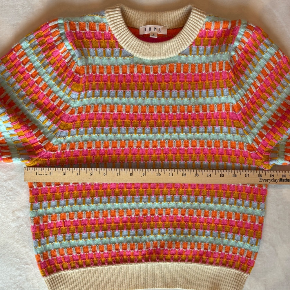 THML Sweater Knit Crochet Pattern Vibrant Rainbow Quarter Sleeve Size S - Picture 4 of 8